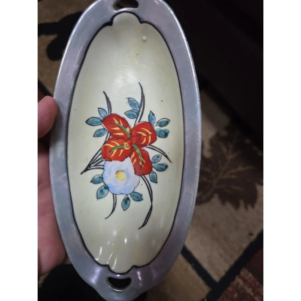 Japanese Lusterware 1920s-30s Flower Tray With Blue Luster Band